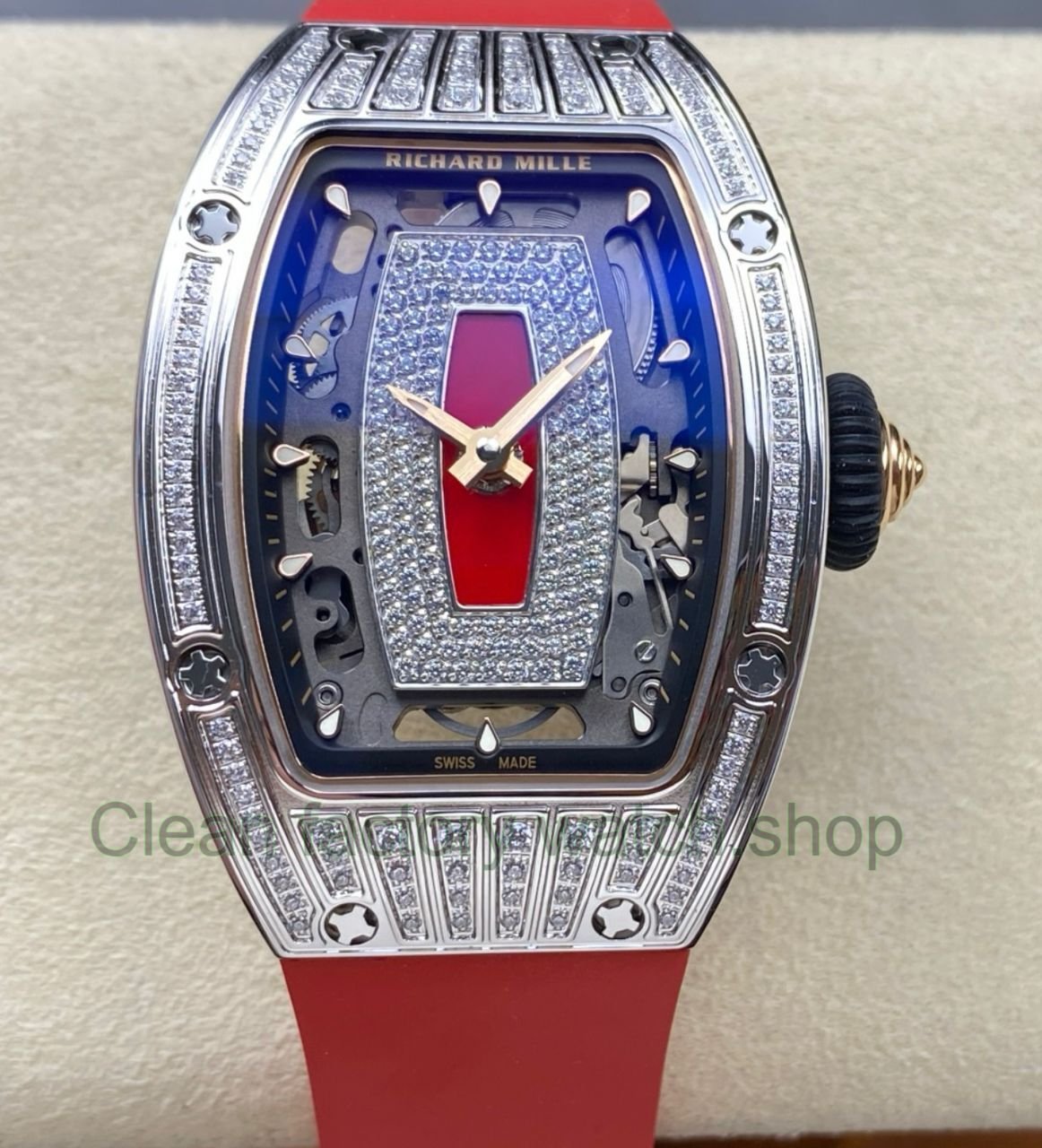 ZF Factory Richard Mille RM07 31.4mm Diamond White Gold Red Rubber Strap Skeletonized Black Dial 1 Clean Factory Watch