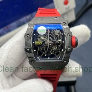 ZF Factory Richard Mille RM35-02 Black Carbon Fiber Red Rubber Strap Black Skeletonized Dial 12 ZF Factory Richard Mille RM35 02 Black Carbon Fiber Red Rubber Strap Black Skeletonized Dial 18 Clean Factory Watch