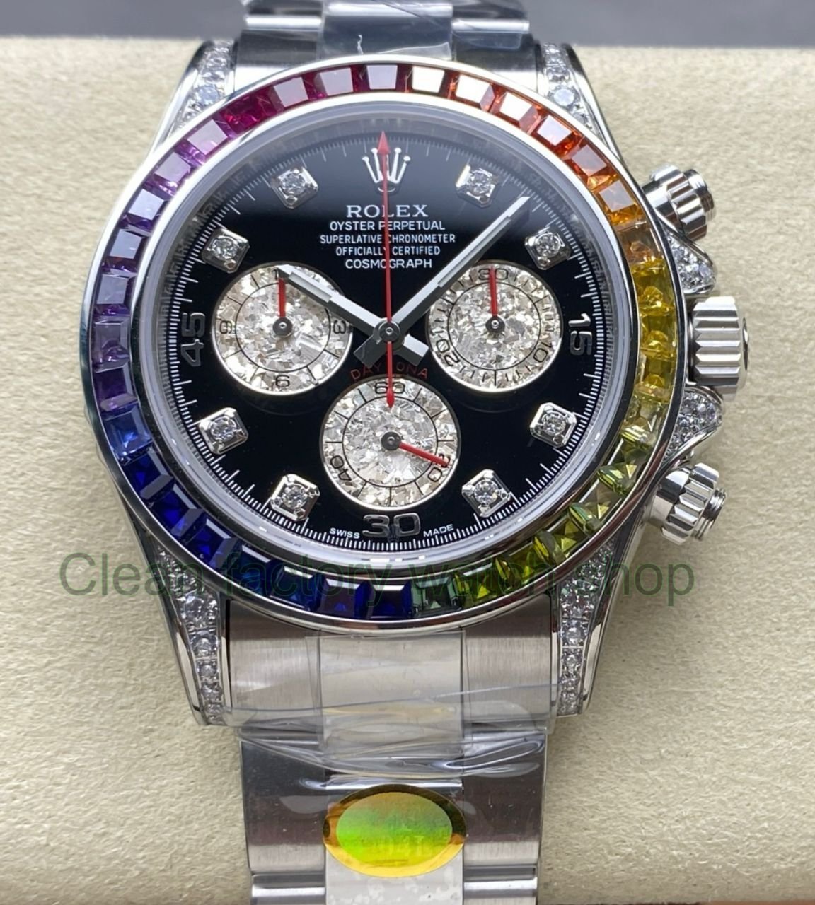 ZF Factory Rolex Daytona 116599RBOW 40mm White Gold Rainbow Bezel Diamond Black Dial 1 ZF Factory Rolex Daytona 116599RBOW 40mm White Gold Rainbow Bezel Diamond Black Dial 2 Clean Factory Watch
