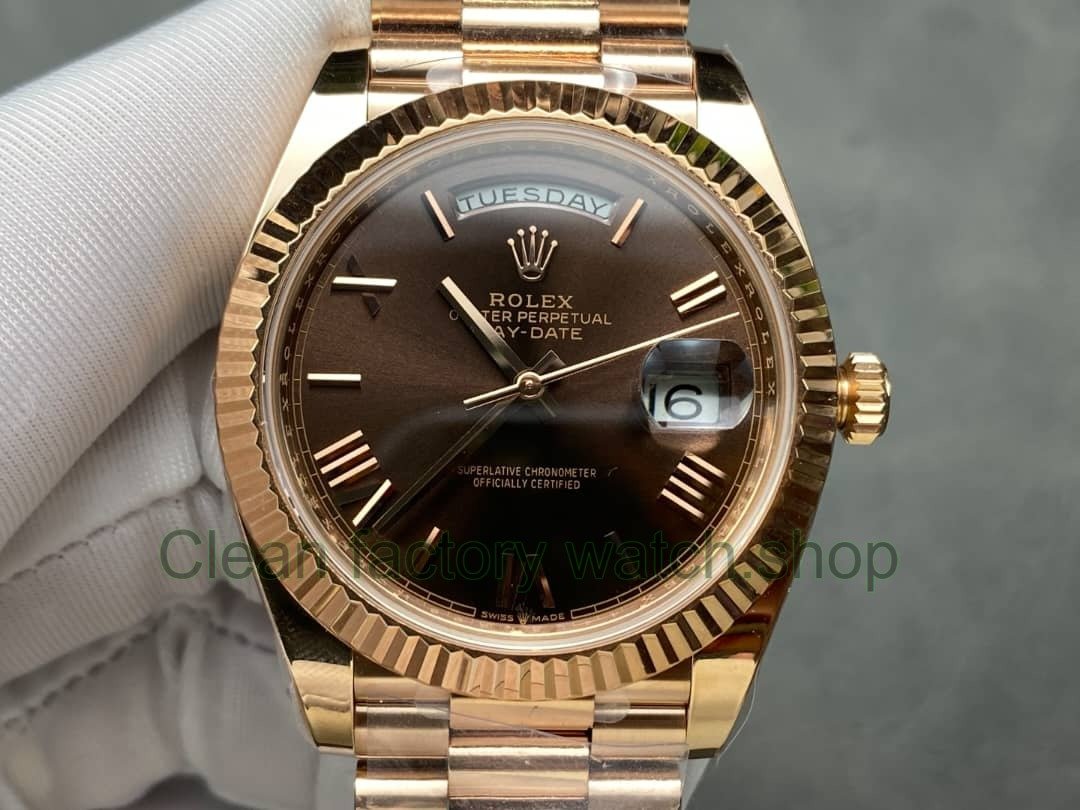ARF Factory Counterweight Rolex Day Date 228235 0002 40mm Full Rose Gold Roman Numerals Brown Dial 11 Clean Factory Watch