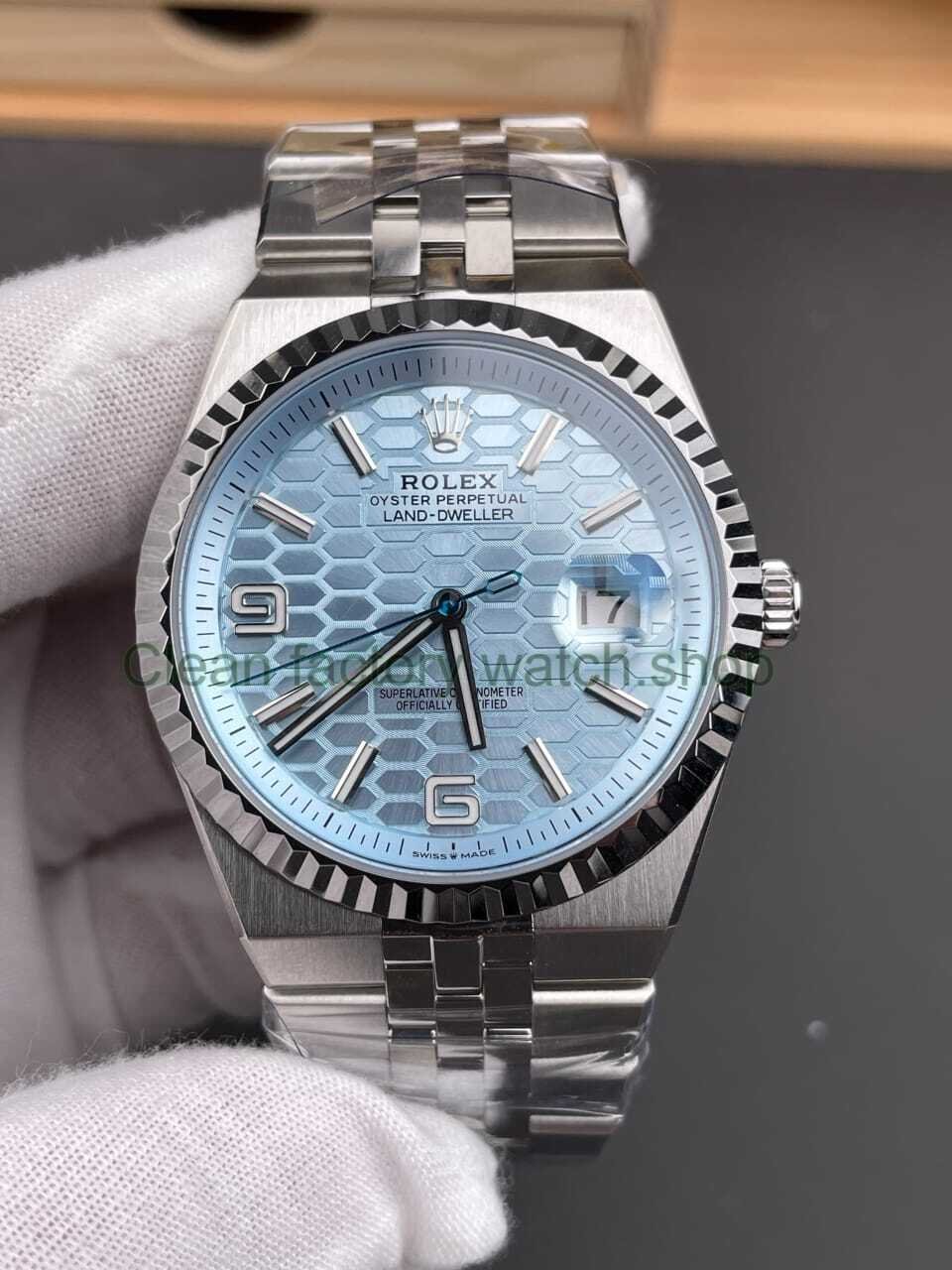 ES Factory Counterweight Rolex Land Dweller 40 127336 0001 40mm Full Platinum Blue Ice Dial 7 1 Clean Factory Watch