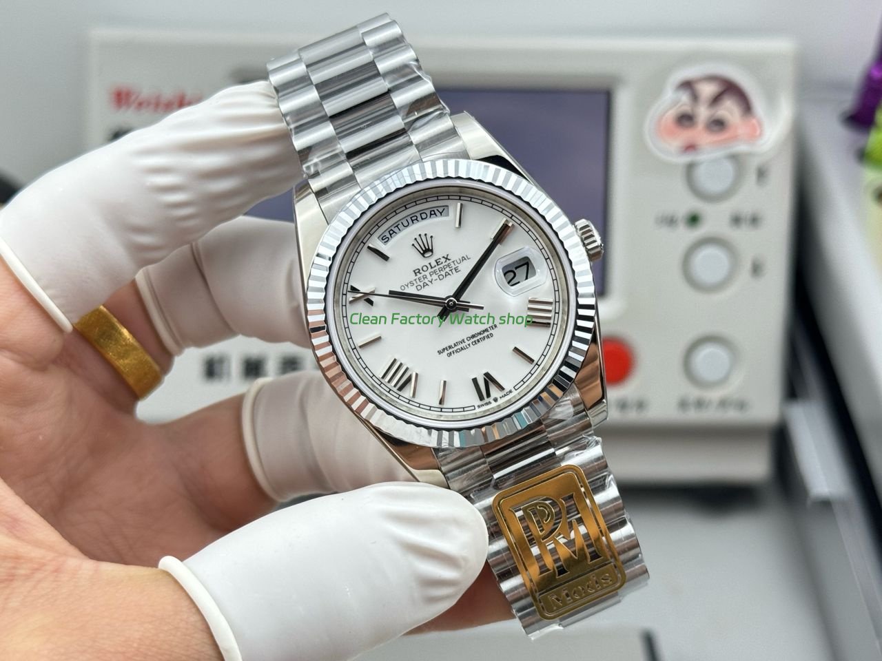 PPM Factory Counterweight Rolex Day Date 228239 0046 40mm White Gold Roman Numerals White Dial 9 Clean Factory Watch