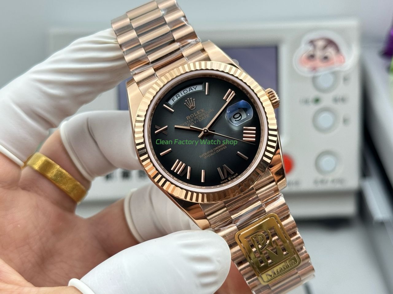 PPM Factory Counterweight Rolex Day Date 238235 0055 40mm Full Rose Gold Roman Number Black Dial 8 Clean Factory Watch