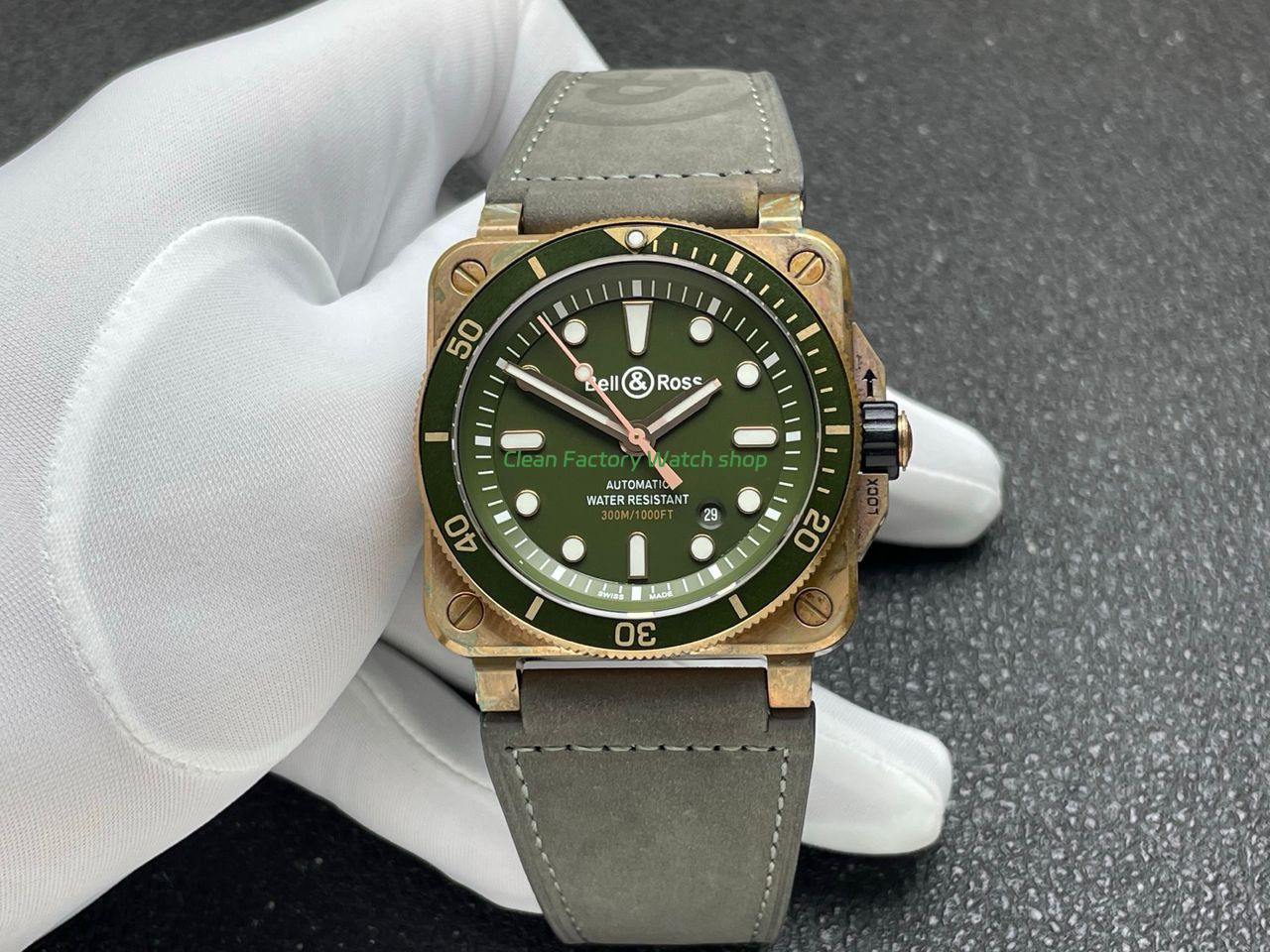 BRF Factory Bell Ross BR 03 BR0392 D G BRSCA 42mm Bronze Calf Skin Strap Green Dial 7 Clean Factory Watch