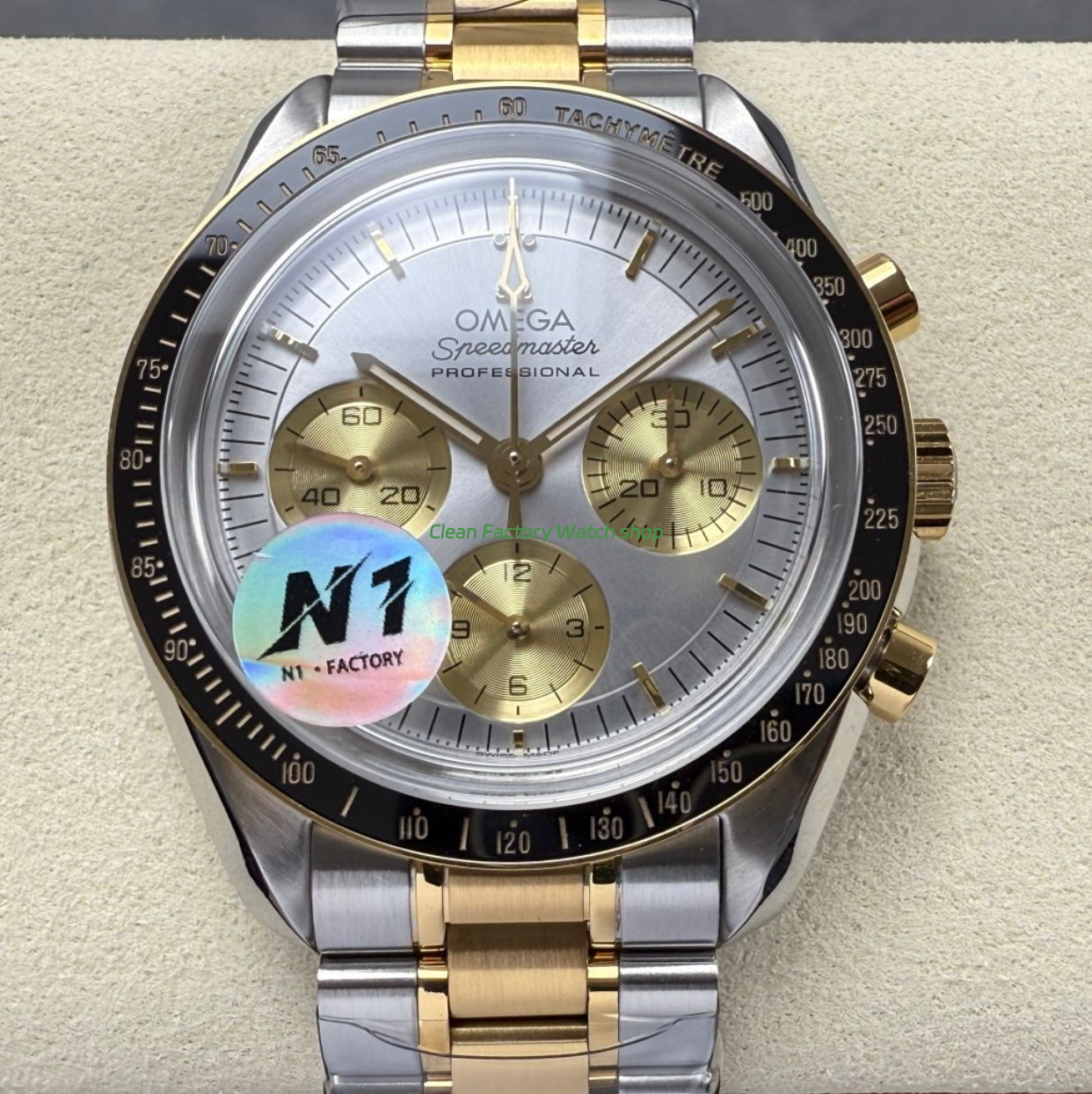 N1 Factory Omega Speedmaster Professional Moonwatch 310.20.42.50.02.001 Yellow Gold Silver Dial 7 Clean Factory Watch