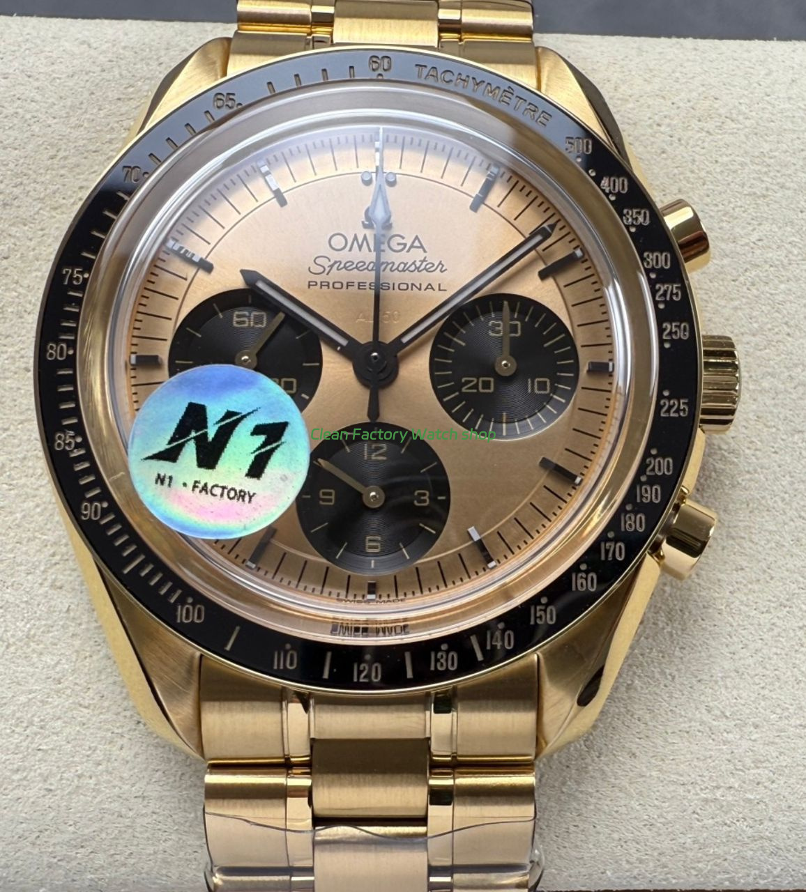 N1 Factory Omega Speedmaster Professional Moonwatch 310.23.42.50.99.001 Yellow Gold Pink Dial 1 N1 Factory Omega Speedmaster Professional Moonwatch 310.23.42.50.99.001 Yellow Gold Pink Dial 1 Clean Factory Watch
