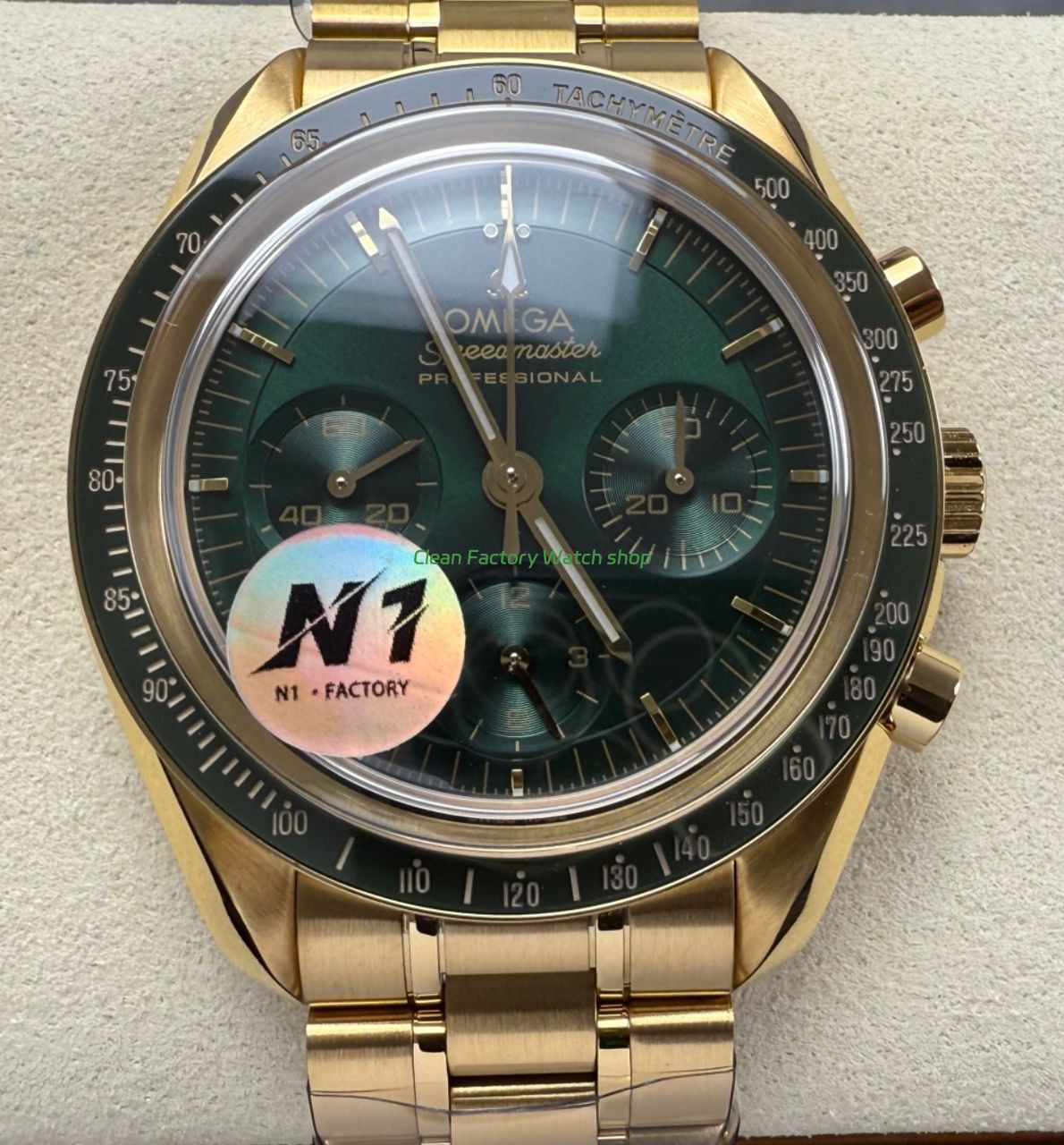 N1 Factory Omega Speedmaster Professional Moonwatch 310.63.42.50.02.001 Yellow Gold Green Dial 8 Clean Factory Watch