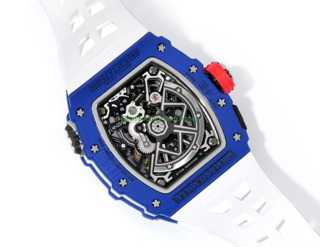 RM Factory Richard Mille RM35-03 Blue Carbon White Rubber Strap Black Skeletonized Dial (6) RM Factory Richard Mille RM35-03 Blue Carbon White Rubber Strap Black Skeletonized Dial (6)