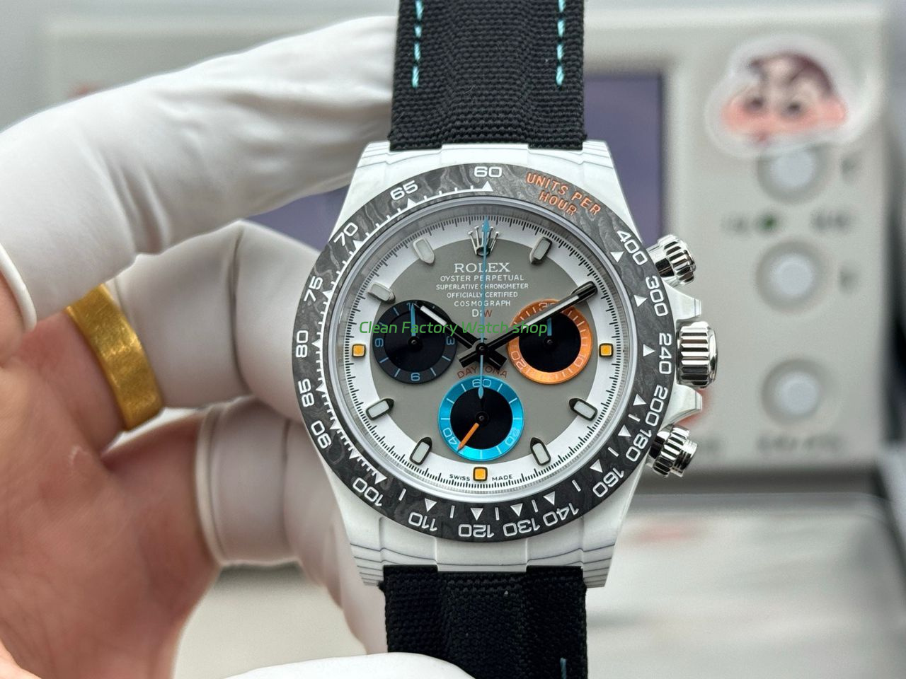 TW Factory Rolex Daytona 116500 40mm White Carbon Fiber Black Canvas Strap Grey Dial 5 Clean Factory Watch