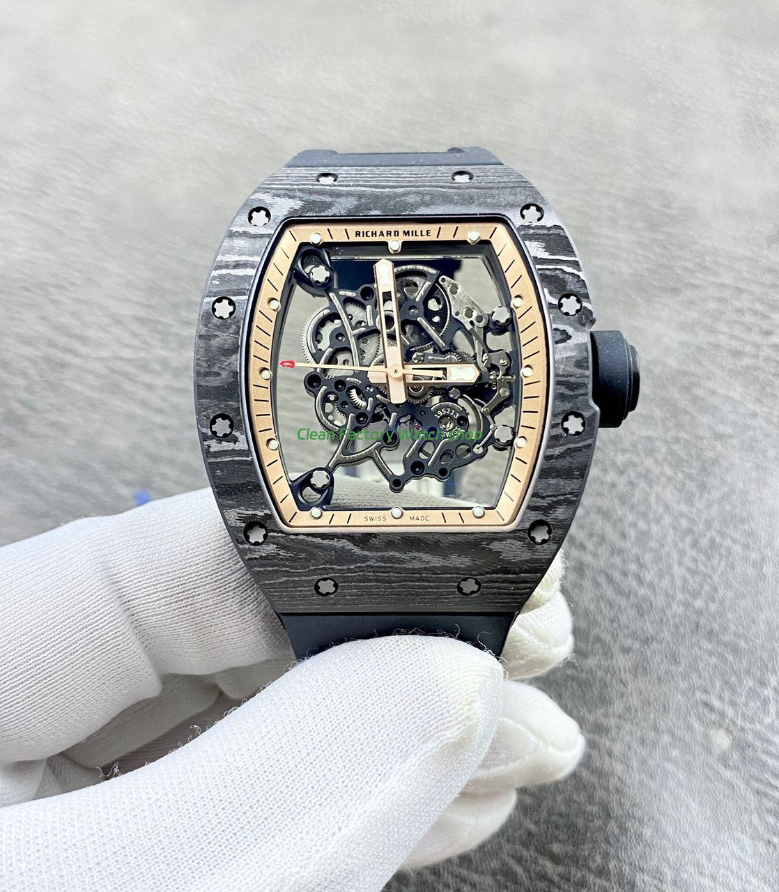APS Factory Richard Mille RM 055 42.7mm Carbon Fiber Black Rubber Strap Skeletonized Rose Gold Dial 1 APS Factory Richard Mille RM 055 42.7mm Carbon Fiber Black Rubber Strap Skeletonized Rose Gold Dial 9 Clean Factory Watch