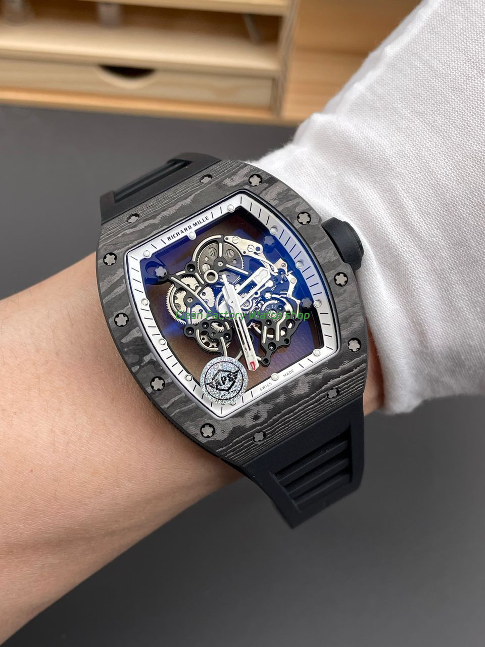 APS Factory Richard Mille RM 055 42.7mm Carbon Fiber Rubber Strap Skeletonized White Dial (1) APS Factory Richard Mille RM 055 42.7mm Carbon Fiber Rubber Strap Skeletonized White Dial (1)