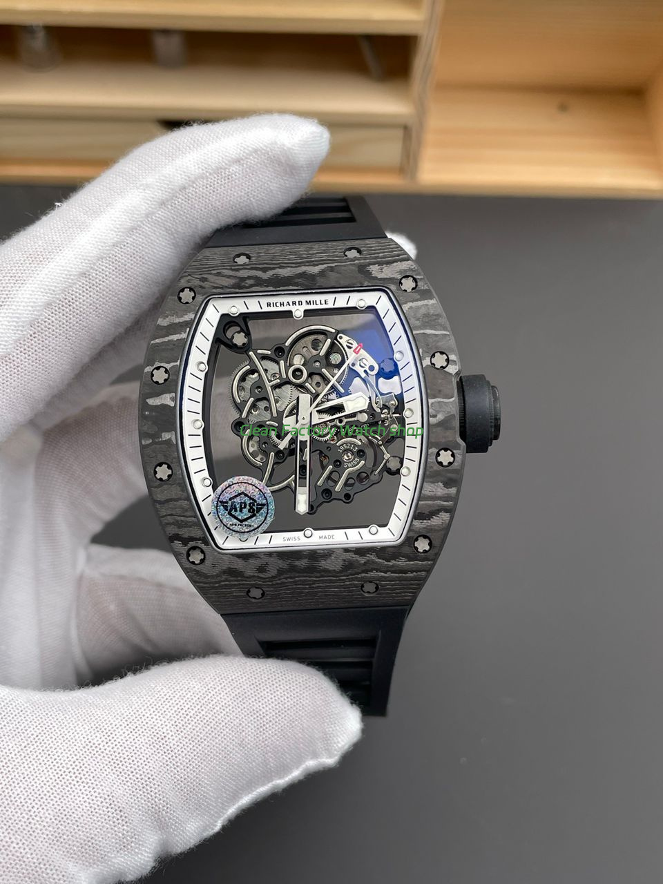 APS Factory Richard Mille RM 055 42.7mm Carbon Fiber Rubber Strap Skeletonized White Dial 1 APS Factory Richard Mille RM 055 42.7mm Carbon Fiber Rubber Strap Skeletonized White Dial 9 Clean Factory Watch