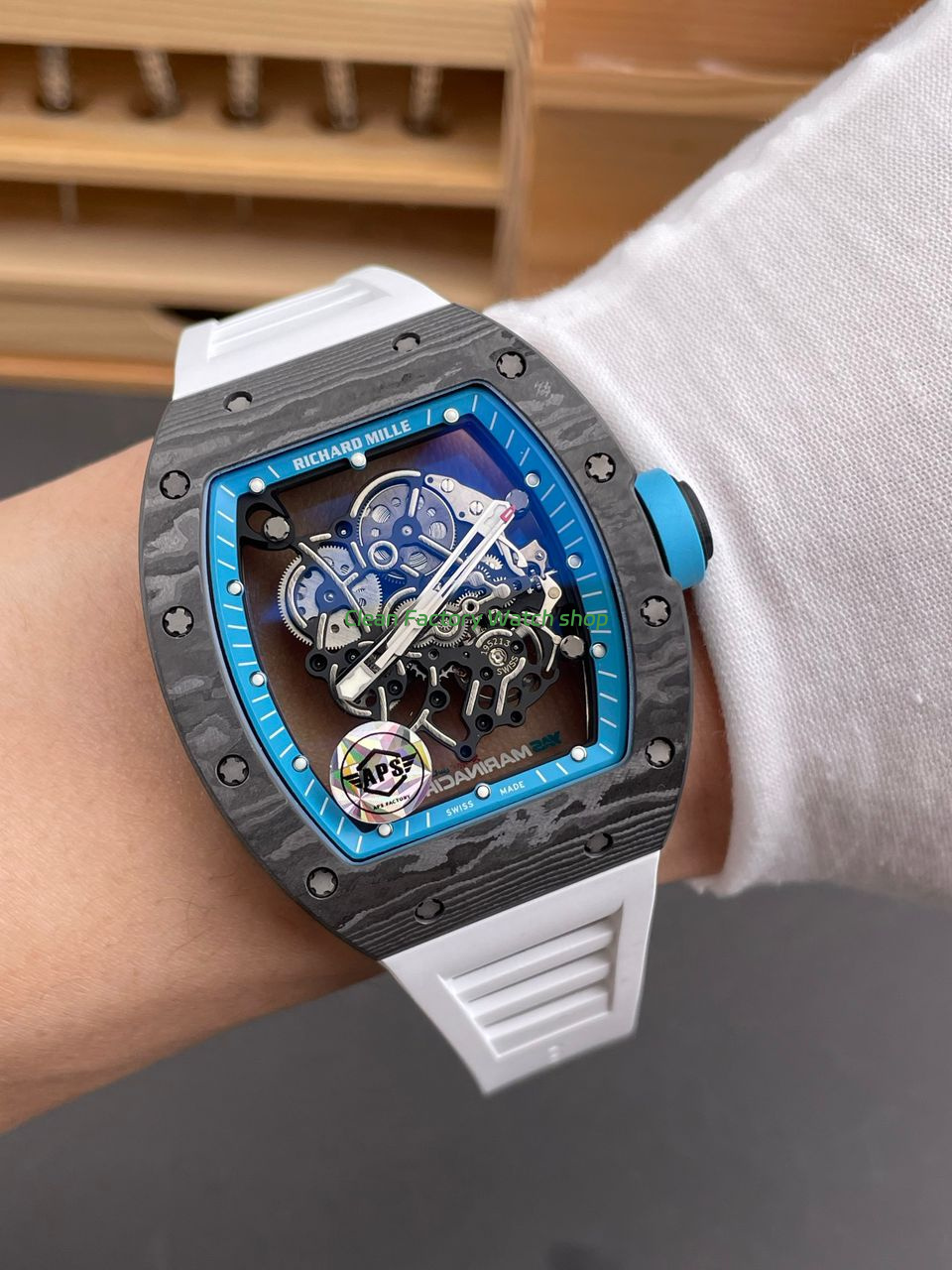 APS Factory Richard Mille RM 055 42.7mm Carbon Fiber White Rubber Strap Skeletonized Blue Dial (2) APS Factory Richard Mille RM 055 42.7mm Carbon Fiber White Rubber Strap Skeletonized Blue Dial (2)