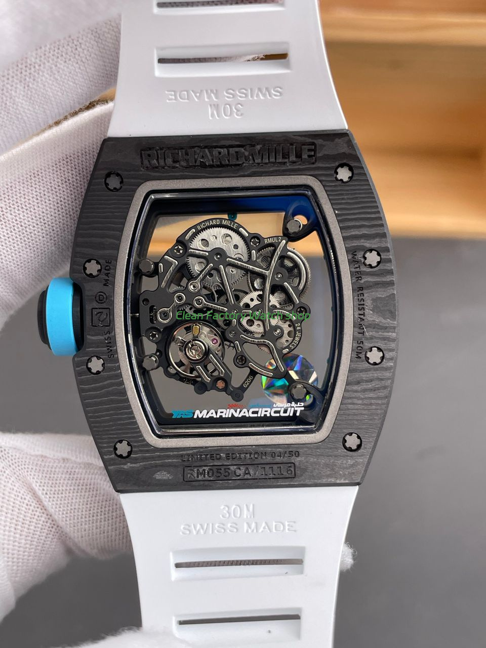 APS Factory Richard Mille RM 055 42.7mm Carbon Fiber White Rubber Strap Skeletonized Blue Dial (4) APS Factory Richard Mille RM 055 42.7mm Carbon Fiber White Rubber Strap Skeletonized Blue Dial (4)