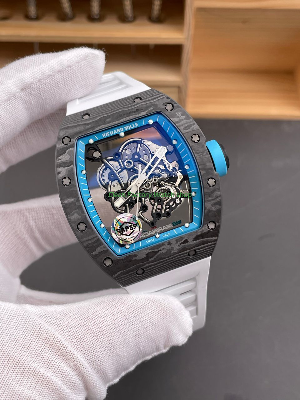 APS Factory Richard Mille RM 055 42.7mm Carbon Fiber White Rubber Strap Skeletonized Blue Dial (7) APS Factory Richard Mille RM 055 42.7mm Carbon Fiber White Rubber Strap Skeletonized Blue Dial (7)