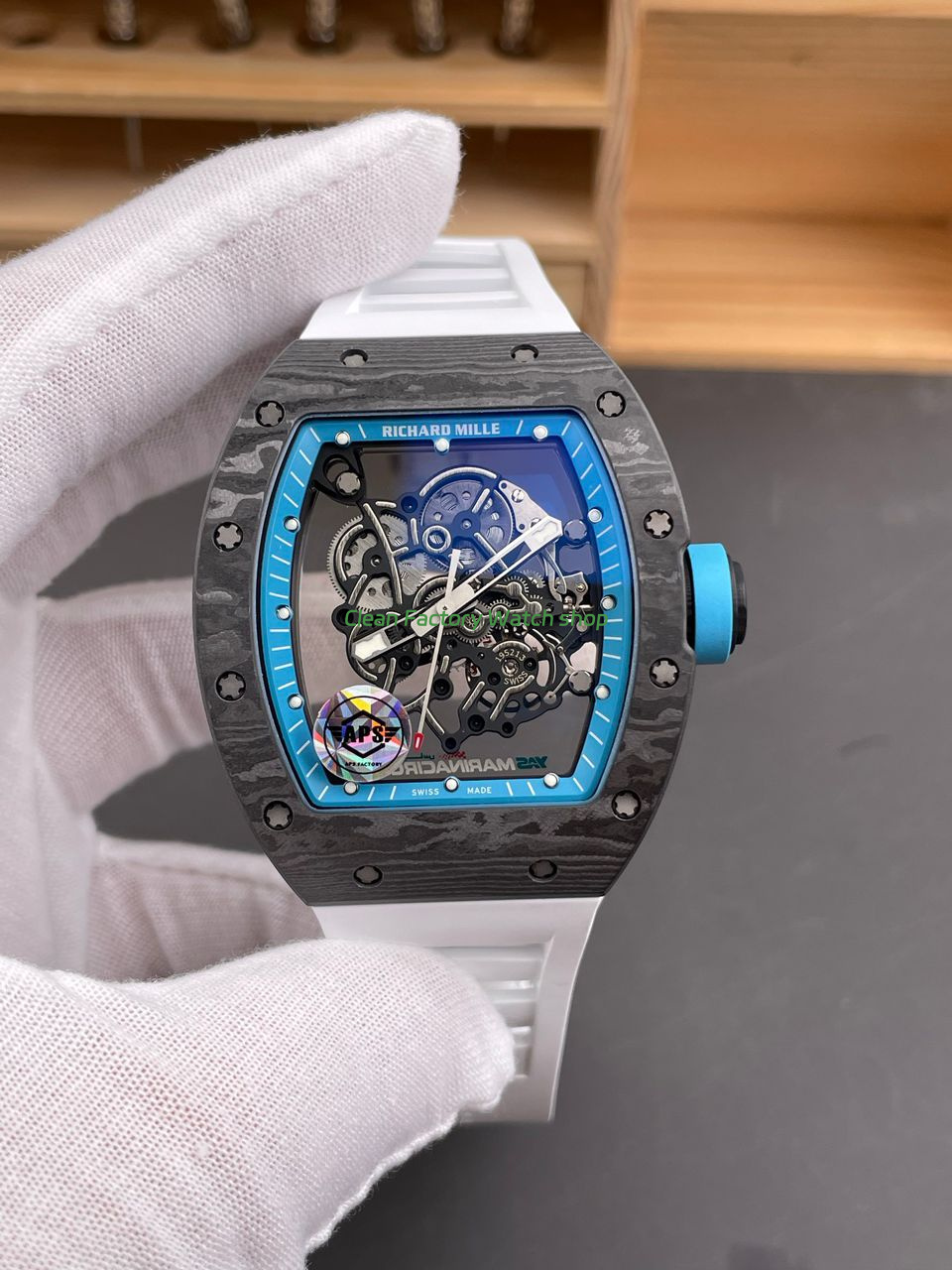 APS Factory Richard Mille RM 055 42.7mm Carbon Fiber White Rubber Strap Skeletonized Blue Dial (8) APS Factory Richard Mille RM 055 42.7mm Carbon Fiber White Rubber Strap Skeletonized Blue Dial (8)