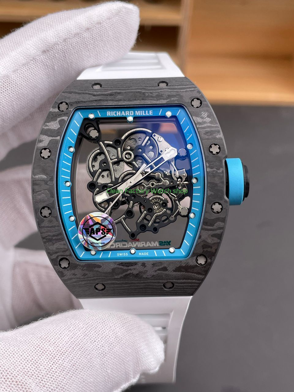 APS Factory Richard Mille RM 055 42.7mm Carbon Fiber White Rubber Strap Skeletonized Blue Dial 1 APS Factory Richard Mille RM 055 42.7mm Carbon Fiber White Rubber Strap Skeletonized Blue Dial 9 Clean Factory Watch