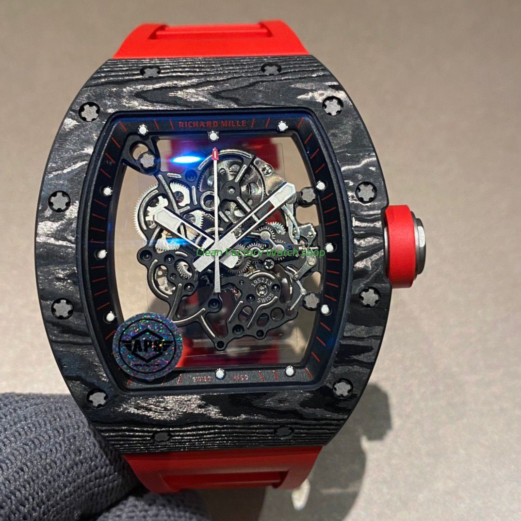 APS Factory Richard Mille RM 055 42.7mm Titanium Red Rubber Strap Skeletonized Black Dial 1 APS Factory Richard Mille RM 055 42.7mm Titanium Red Rubber Strap Skeletonized Black Dial 6 Clean Factory Watch