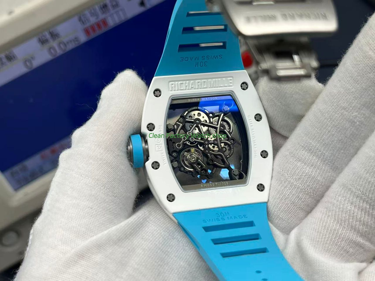 APS Factory Richard Mille RM 055 42.7mm White Ceramic Light Blue Rubber Strap Skeletonized Black Dial (1) APS Factory Richard Mille RM 055 42.7mm White Ceramic Light Blue Rubber Strap Skeletonized Black Dial (1)
