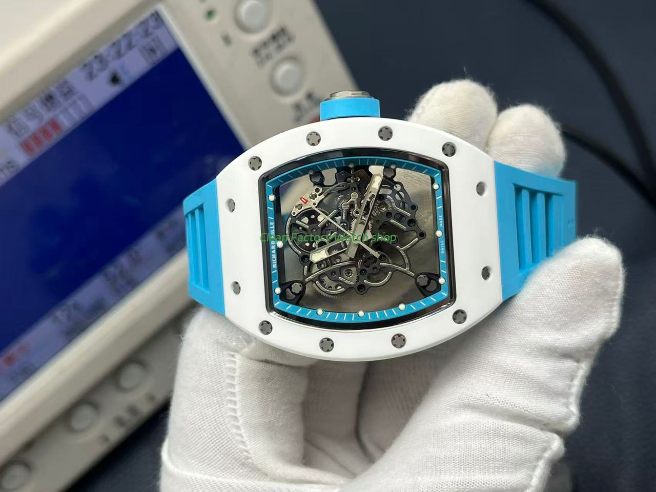 APS Factory Richard Mille RM 055 42.7mm White Ceramic Light Blue Rubber Strap Skeletonized Black Dial (4) APS Factory Richard Mille RM 055 42.7mm White Ceramic Light Blue Rubber Strap Skeletonized Black Dial (4)