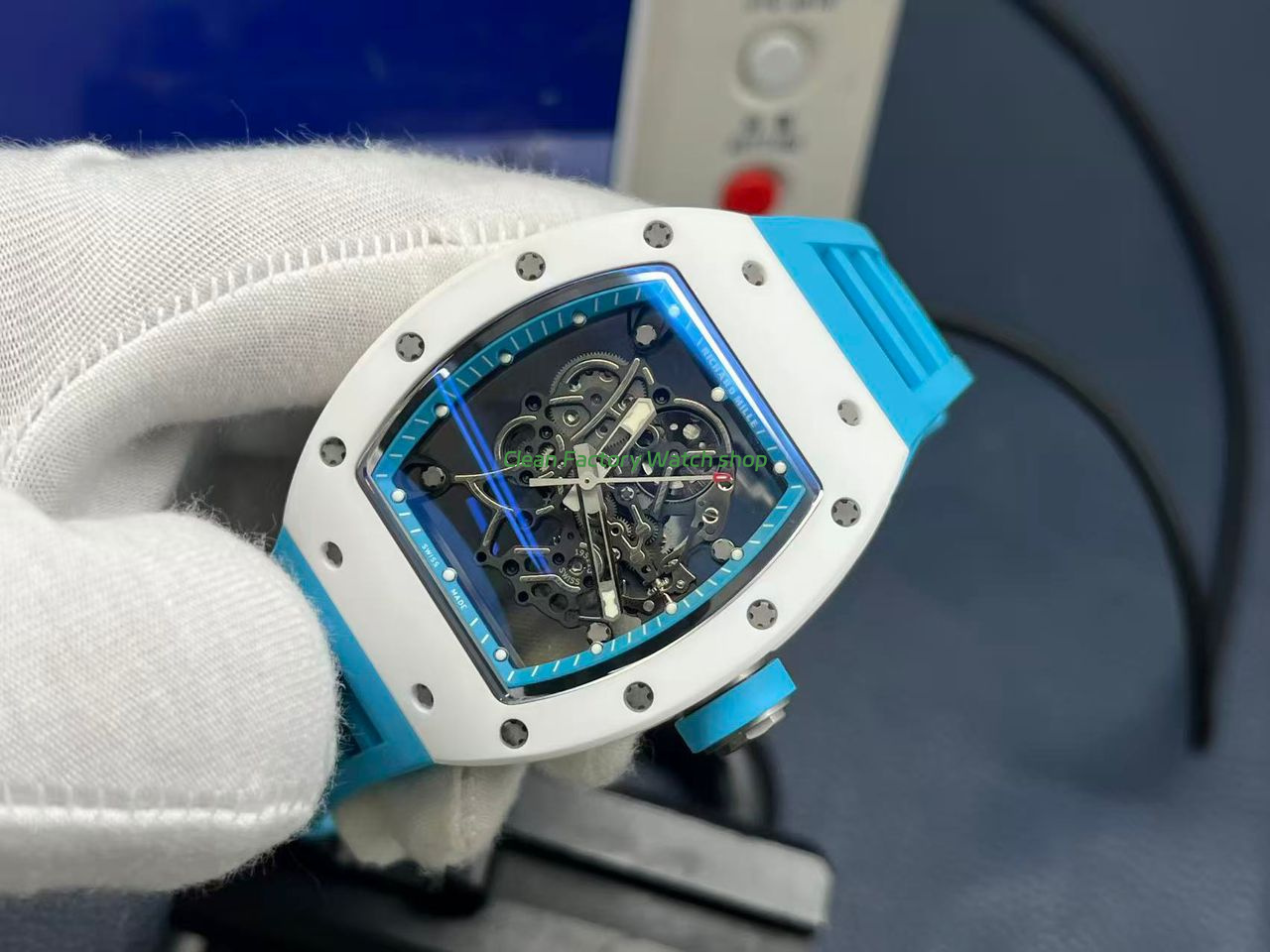 APS Factory Richard Mille RM 055 42.7mm White Ceramic Light Blue Rubber Strap Skeletonized Black Dial (5) APS Factory Richard Mille RM 055 42.7mm White Ceramic Light Blue Rubber Strap Skeletonized Black Dial (5)