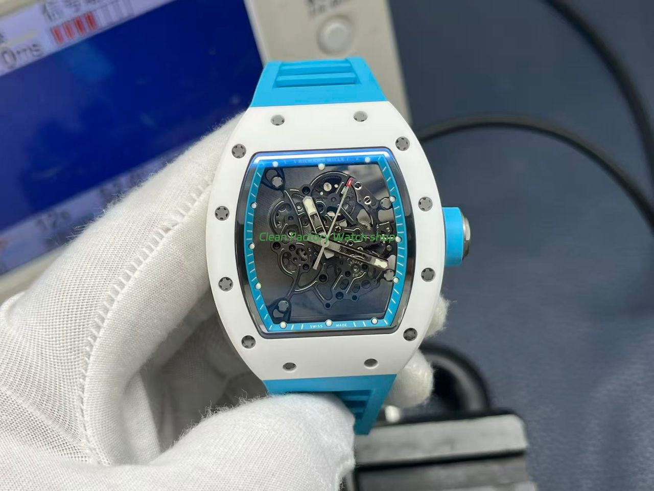 APS Factory Richard Mille RM 055 42.7mm White Ceramic Light Blue Rubber Strap Skeletonized Black Dial 1 APS Factory Richard Mille RM 055 42.7mm White Ceramic Light Blue Rubber Strap Skeletonized Black Dial 6 Clean Factory Watch