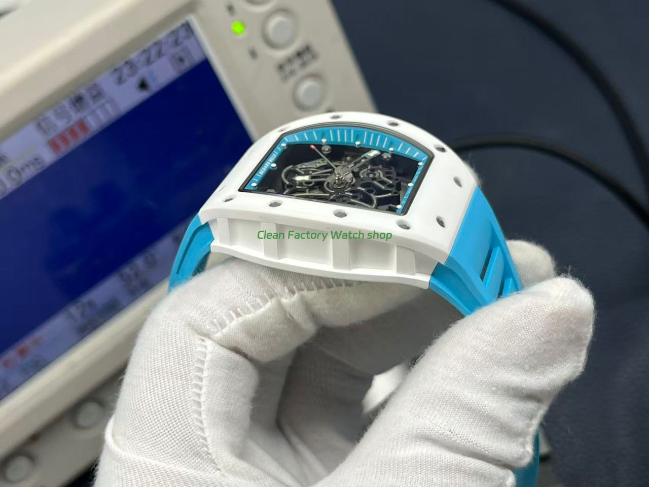 APS Factory Richard Mille RM 055 42.7mm White Ceramic Light Blue Rubber Strap Skeletonized Black Dial (7) APS Factory Richard Mille RM 055 42.7mm White Ceramic Light Blue Rubber Strap Skeletonized Black Dial (7)