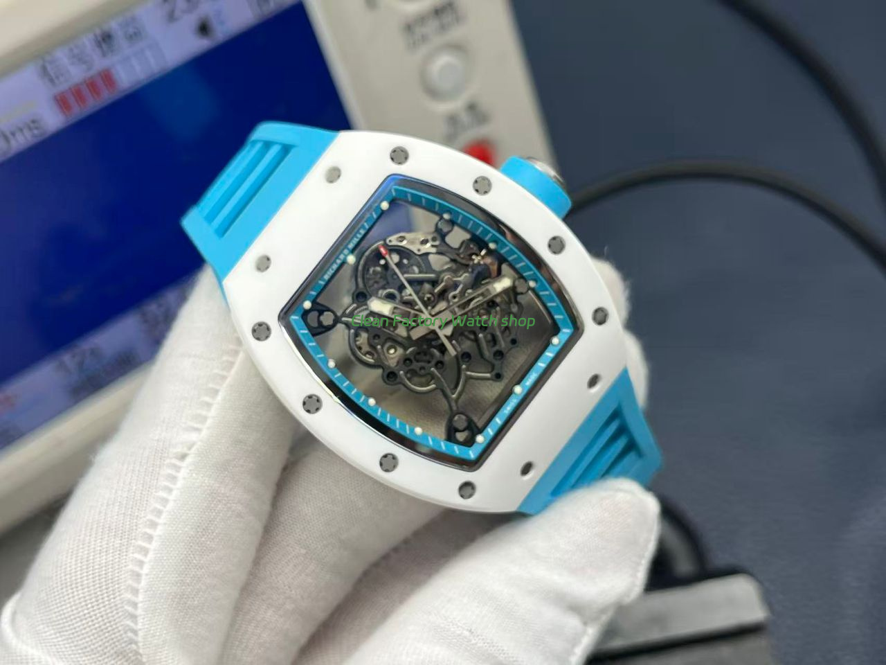 APS Factory Richard Mille RM 055 42.7mm White Ceramic Light Blue Rubber Strap Skeletonized Black Dial (8) APS Factory Richard Mille RM 055 42.7mm White Ceramic Light Blue Rubber Strap Skeletonized Black Dial (8)