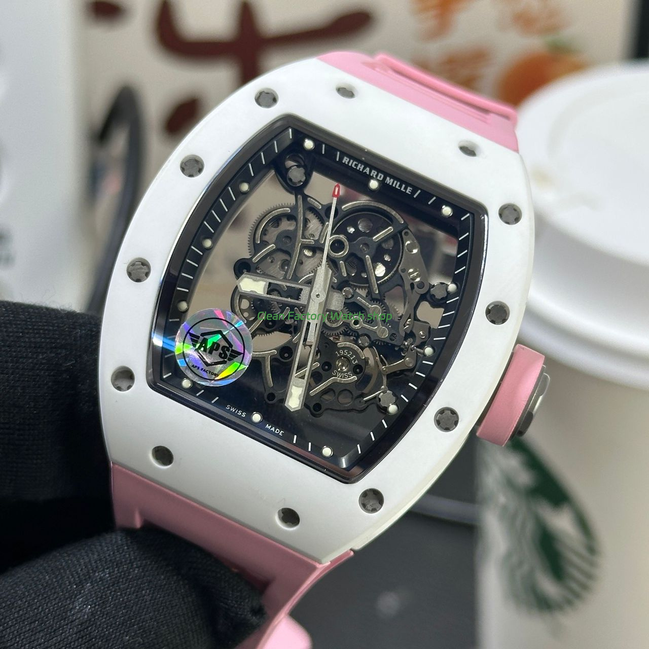 APS Factory Richard Mille RM 055 42.7mm White Ceramic Pink Rubber Strap Skeletonized Black Dial (3) APS Factory Richard Mille RM 055 42.7mm White Ceramic Pink Rubber Strap Skeletonized Black Dial (3)