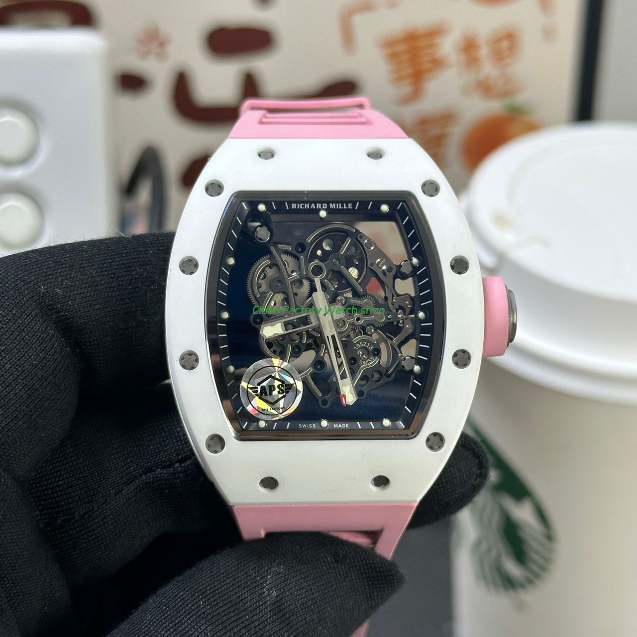 APS Factory Richard Mille RM 055 42.7mm White Ceramic Pink Rubber Strap Skeletonized Black Dial 1 APS Factory Richard Mille RM 055 42.7mm White Ceramic Pink Rubber Strap Skeletonized Black Dial 5 Clean Factory Watch