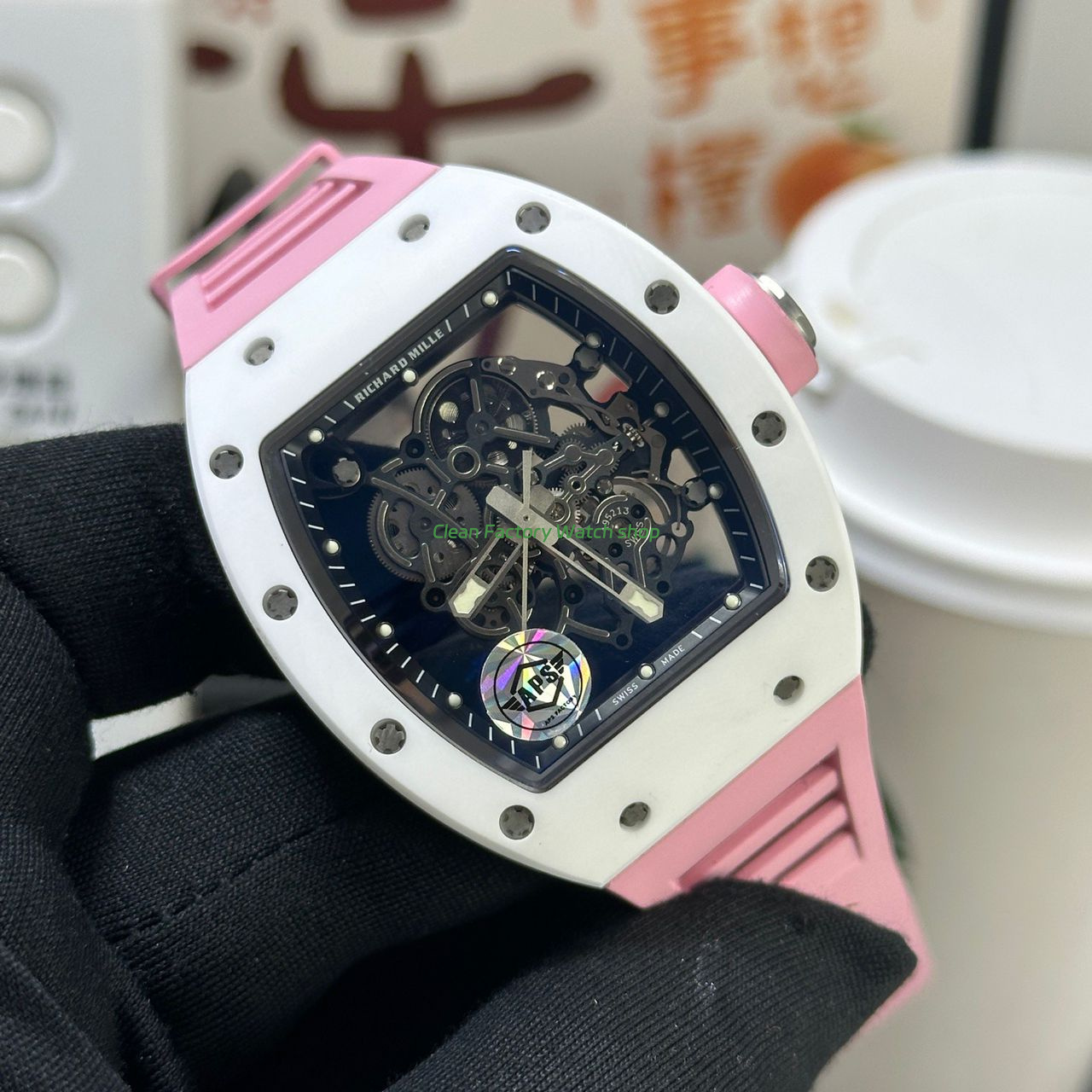APS Factory Richard Mille RM 055 42.7mm White Ceramic Pink Rubber Strap Skeletonized Black Dial (7) APS Factory Richard Mille RM 055 42.7mm White Ceramic Pink Rubber Strap Skeletonized Black Dial (7)