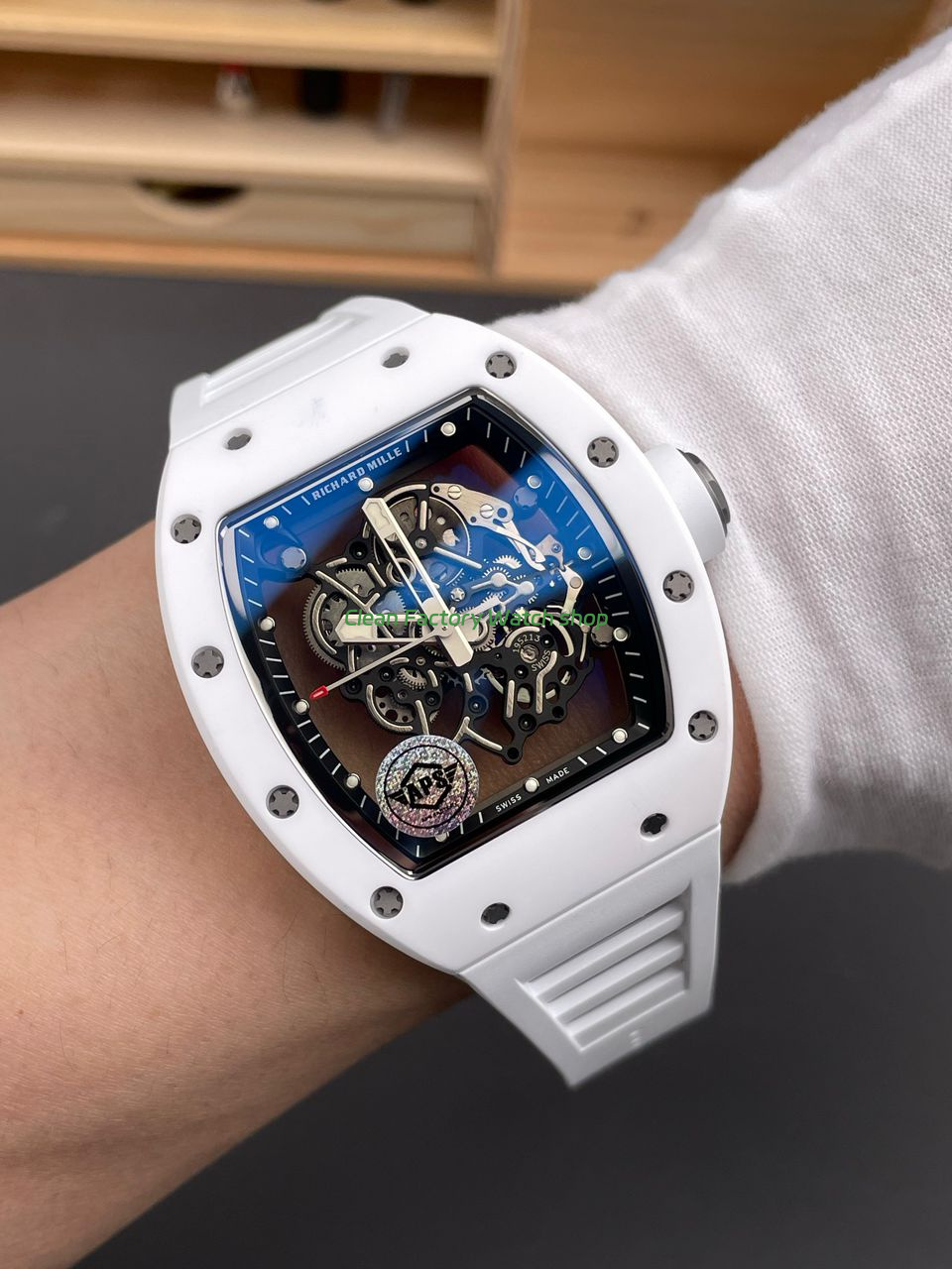 APS Factory Richard Mille RM 055 42.7mm White Ceramic White Rubber Strap Skeletonized Black Dial (1) APS Factory Richard Mille RM 055 42.7mm White Ceramic White Rubber Strap Skeletonized Black Dial (1)