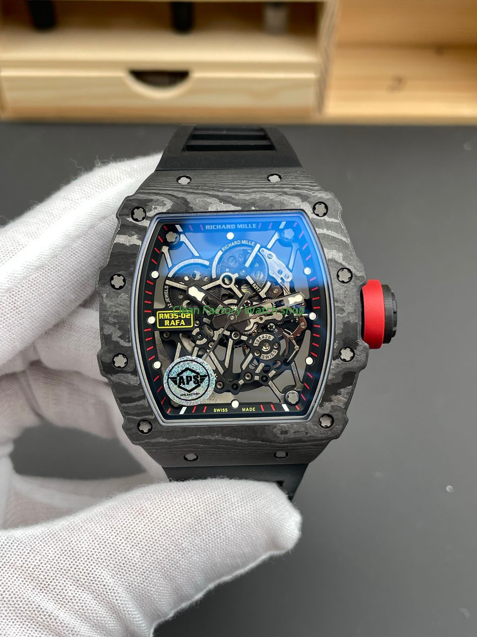APS Factory Richard Mille RM 35-02 44.5mm Black Carbon Fiber Black Rubber Strap Black Skeletonized Dial 1 APS Factory Richard Mille RM 35 02 44.5mm Black Carbon Fiber Black Rubber Strap Black Skeletonized Dial 7 Clean Factory Watch