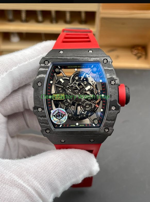 APS Factory Richard Mille RM 35-02 44.5mm Black Carbon Fiber Red Rubber Strap Black Skeletonized Dial 1 APS Factory Richard Mille RM 35 02 44.5mm Black Carbon Fiber Red Rubber Strap Black Skeletonized Dial 6 Clean Factory Watch