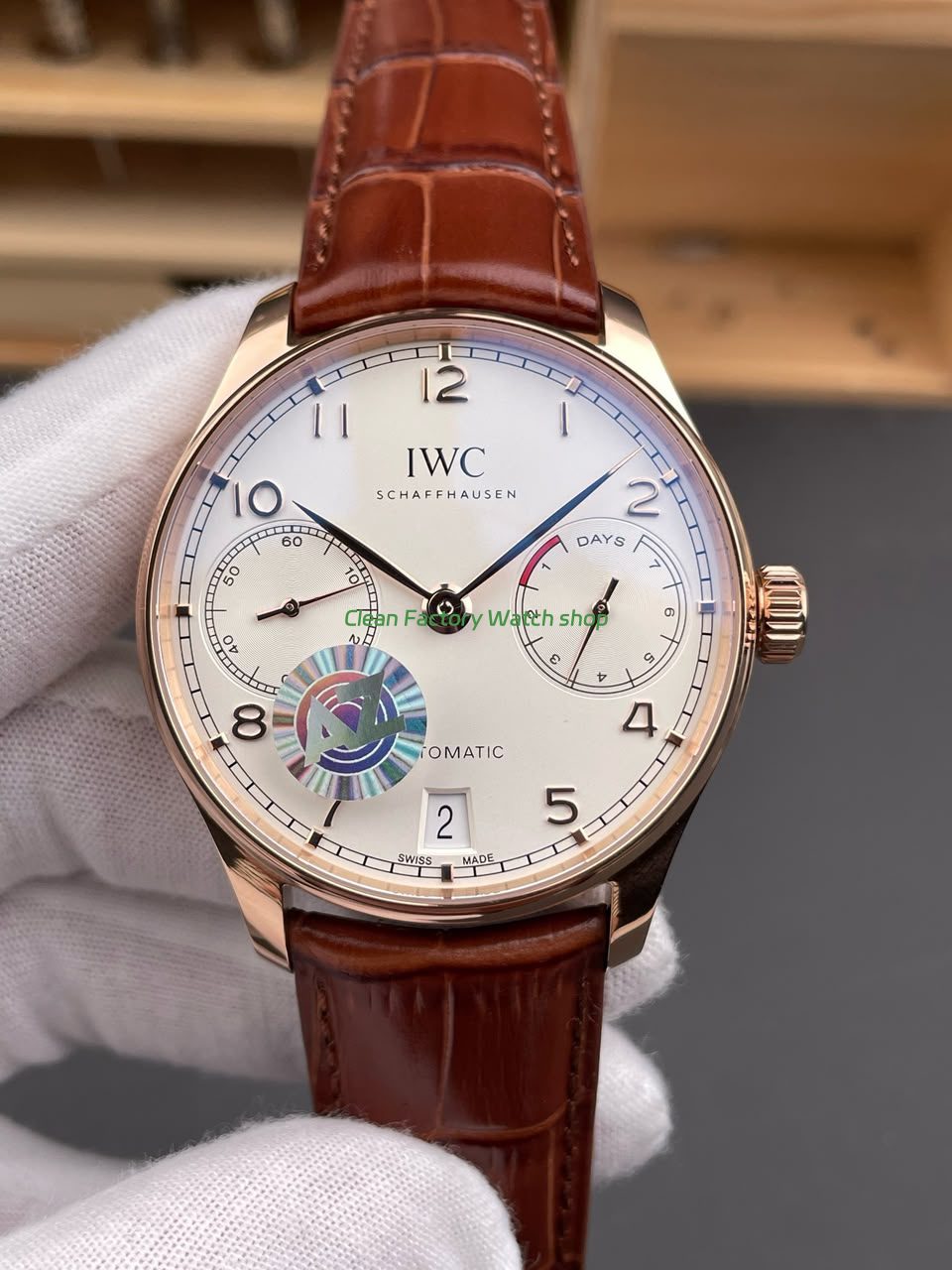 AZ Factory IWC Portuguese Automatic IW500701 42mm Rose Gold Leather Strap Arabic Numerals Silver Dial 5 Clean Factory Watch