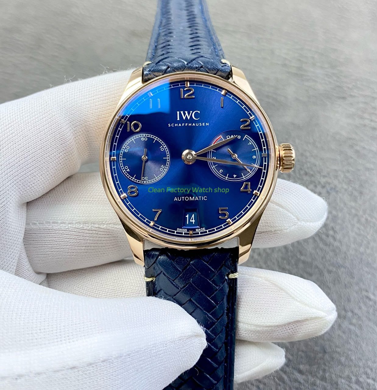 AZ Factory IWC Portuguese IW500713 42.3mm Rose Gold Leather Strap Rose Gold Arabic Number Blue Dial 8 Clean Factory Watch