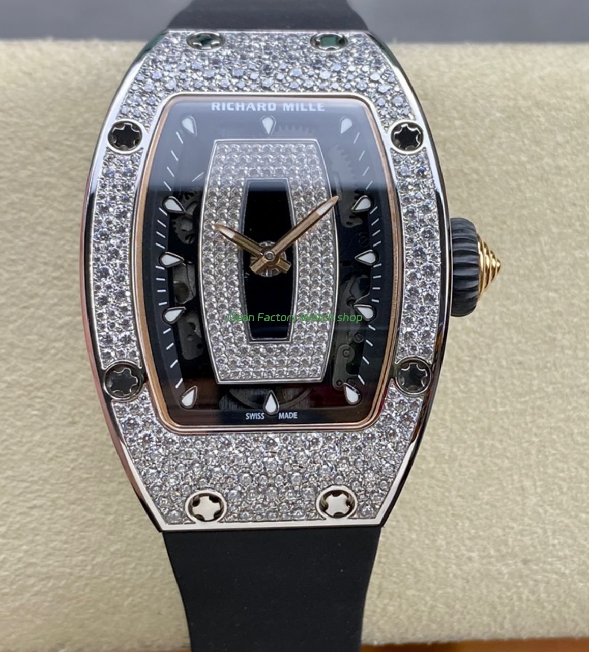BBA Factory Richard Mille RM 07 31.4mm Diamond Bezel Black Rubber Strap Skeletonized Black Dial 1 BBA Factory Richard Mille RM 07 31.4mm Diamond Bezel Black Rubber Strap Skeletonized Black Dial 8 Clean Factory Watch