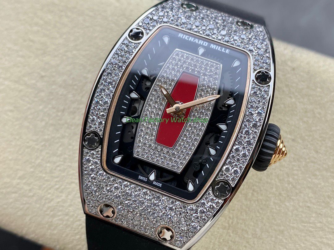 BBA Factory Richard Mille RM 07 31.4mm Diamond Bezel Black Rubber Strap Skeletonized Red Dial (2) BBA Factory Richard Mille RM 07 31.4mm Diamond Bezel Black Rubber Strap Skeletonized Red Dial (2)