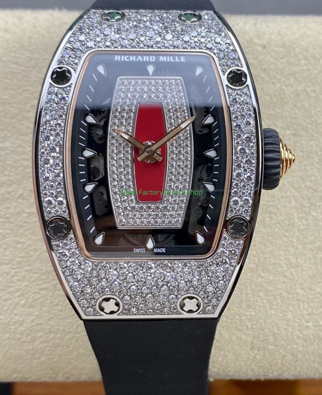 BBA Factory Richard Mille RM 07 31.4mm Diamond Bezel Black Rubber Strap Skeletonized Red Dial 1 BBA Factory Richard Mille RM 07 31.4mm Diamond Bezel Black Rubber Strap Skeletonized Red Dial 4 Clean Factory Watch