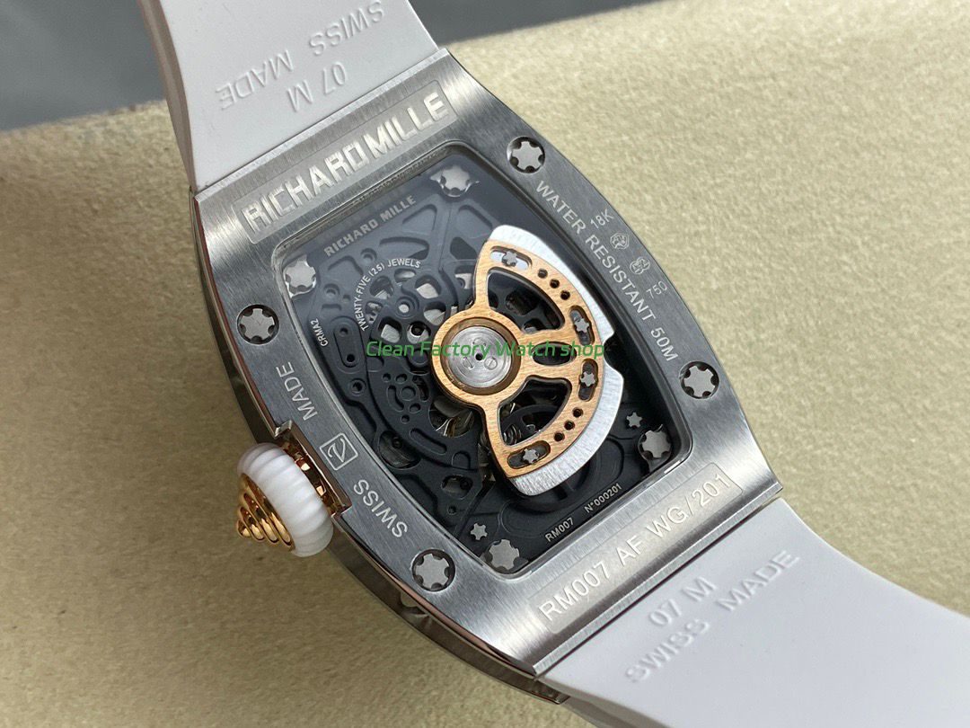 BBA Factory Richard Mille RM 07 31.4mm Diamond Bezel White Rubber Strap Skeletonized Black Dial (2) BBA Factory Richard Mille RM 07 31.4mm Diamond Bezel White Rubber Strap Skeletonized Black Dial (2)