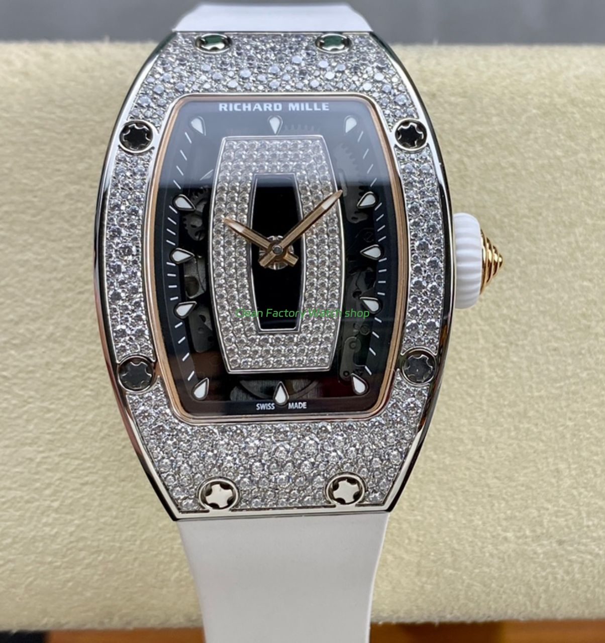 BBA Factory Richard Mille RM 07 31.4mm Diamond Bezel White Rubber Strap Skeletonized Black Dial 1 BBA Factory Richard Mille RM 07 31.4mm Diamond Bezel White Rubber Strap Skeletonized Black Dial 5 Clean Factory Watch