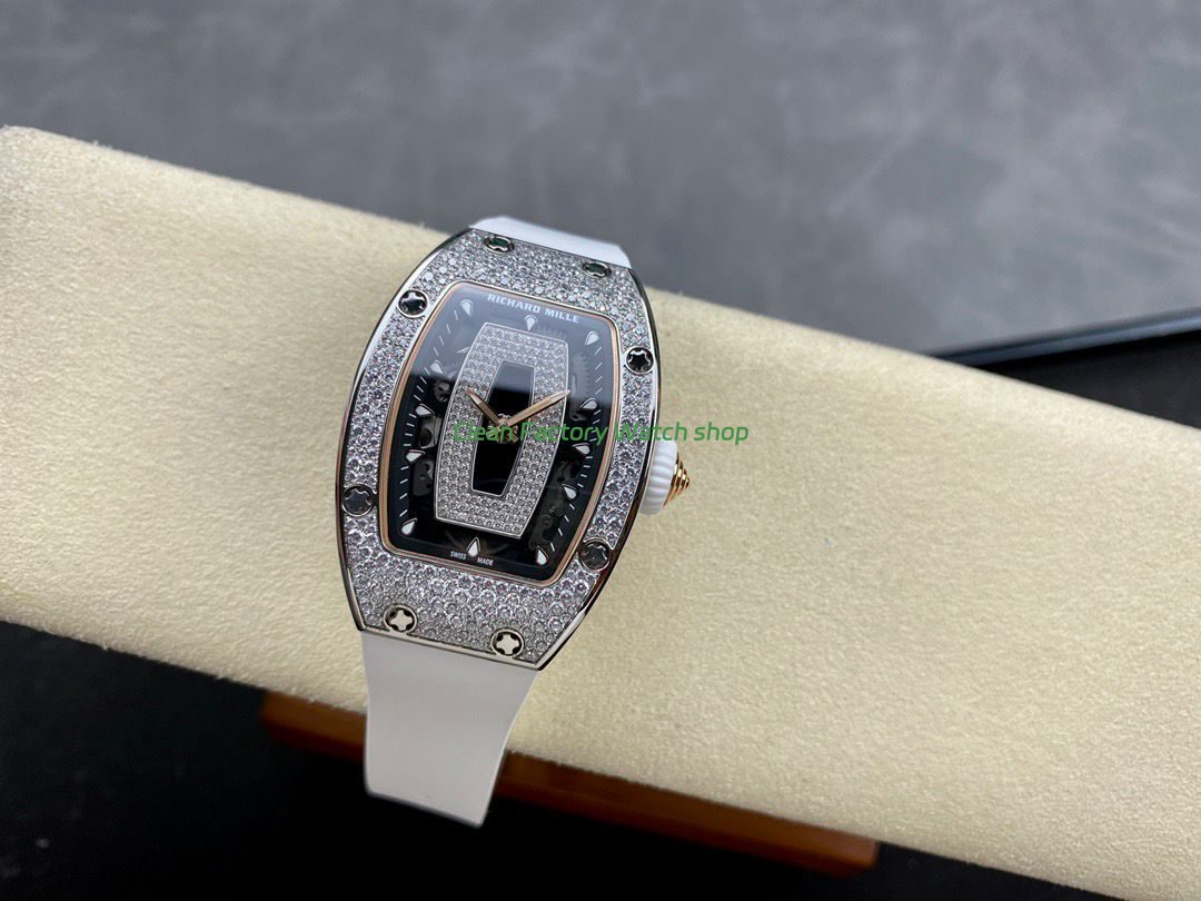 BBA Factory Richard Mille RM 07 31.4mm Diamond Bezel White Rubber Strap Skeletonized Black Dial (6) BBA Factory Richard Mille RM 07 31.4mm Diamond Bezel White Rubber Strap Skeletonized Black Dial (6)