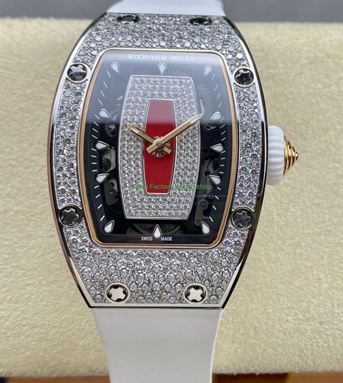 BBA Factory Richard Mille RM 07 31.4mm Diamond Bezel White Rubber Strap Skeletonized Red Dial 1 BBA Factory Richard Mille RM 07 31.4mm Diamond Bezel White Rubber Strap Skeletonized Red Dial 9 Clean Factory Watch