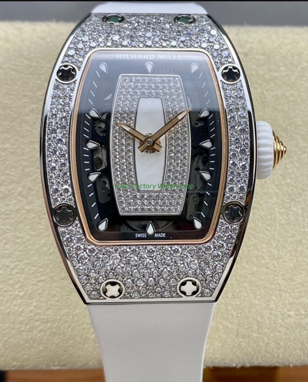 BBA Factory Richard Mille RM 07 31.4mm Diamond Bezel White Rubber Strap Skeletonized White Dial 1 BBA Factory Richard Mille RM 07 31.4mm Diamond Bezel White Rubber Strap Skeletonized White Dial 9 Clean Factory Watch