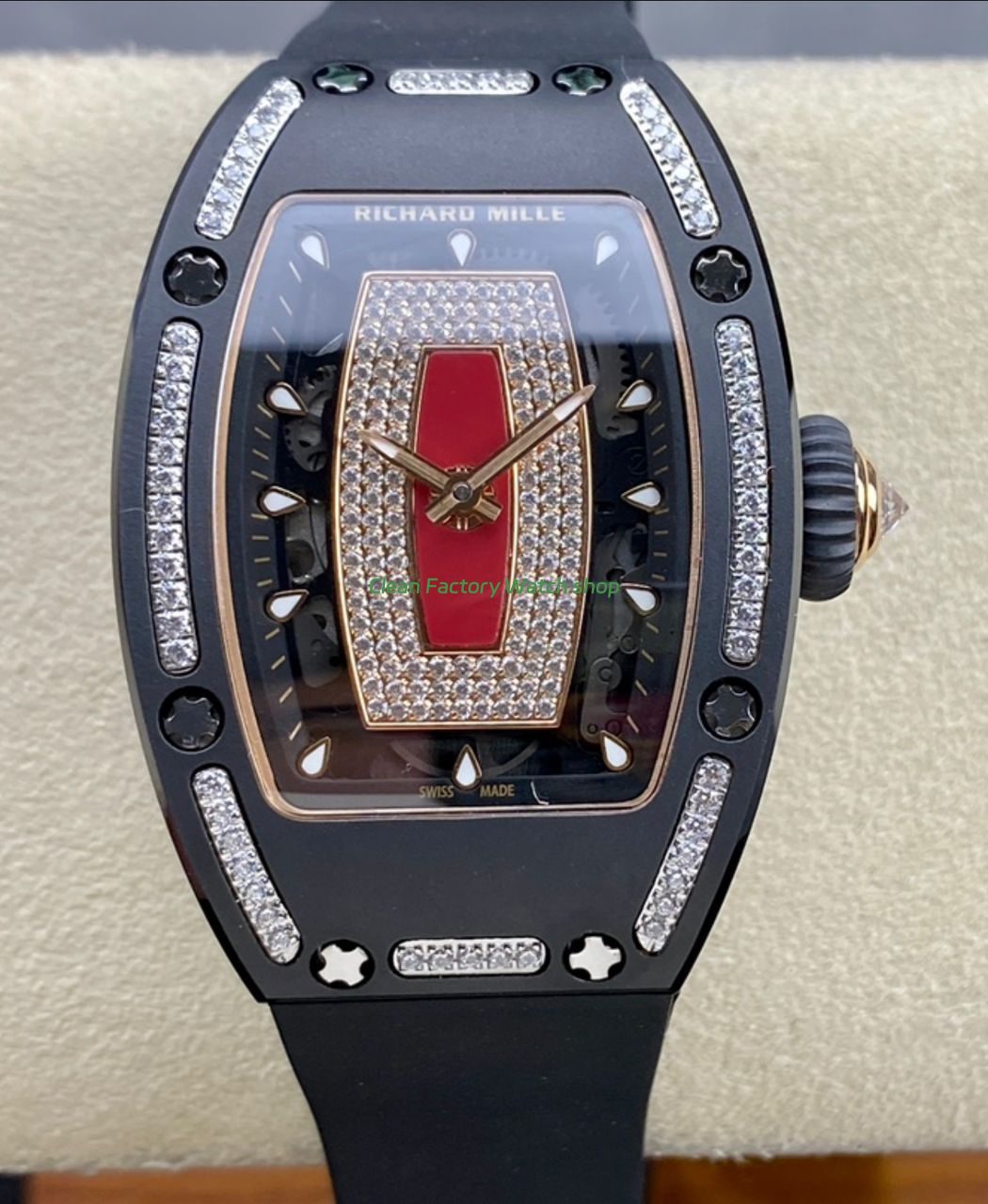 BBA Factory Richard Mille RM 07 31.4mm Diamond Black Ceramic Black Rubber Strap Skeletonized Red Dial 1 BBA Factory Richard Mille RM 07 31.4mm Diamond Black Ceramic Black Rubber Strap Skeletonized Red Dial 8 Clean Factory Watch