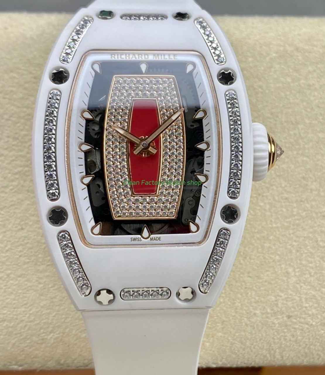 BBA Factory Richard Mille RM 07 31.4mm Diamond White Ceramic White Rubber Strap Skeletonized Red Dial 7 Clean Factory Watch