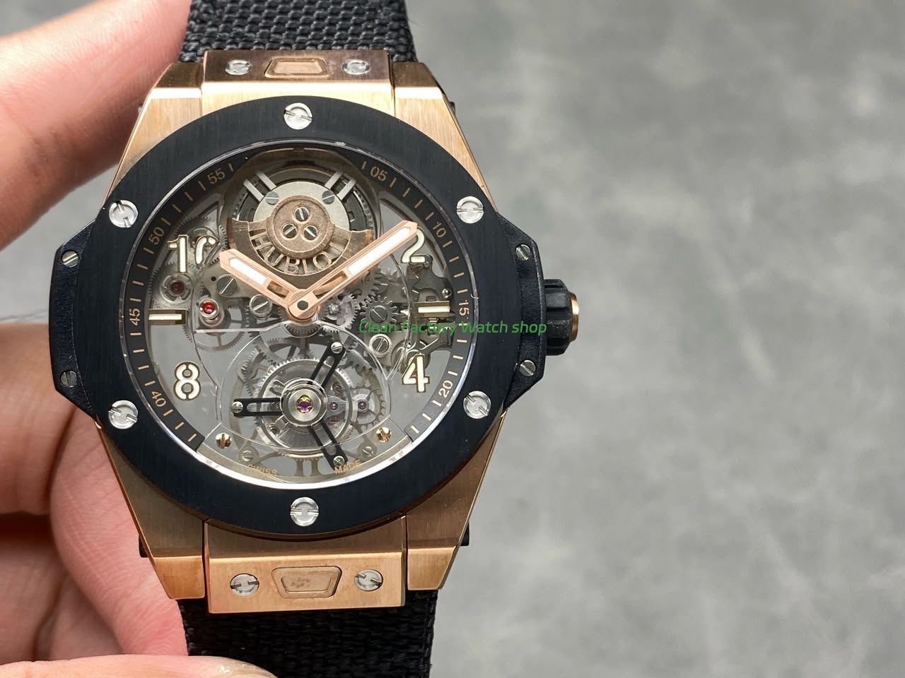 HB Factory Hublot Big Bang Tourbillon 429.NS.0170.RX.YOS 45mm Rose Gold Canvas Strap Ceramic Bezel Arabic Numerals Skeletonized Dial 1 HB Factory Hublot Big Bang Tourbillon 429.NS .0170.RX .YOS 45mm Rose Gold Canvas Strap C 5 Clean Factory Watch