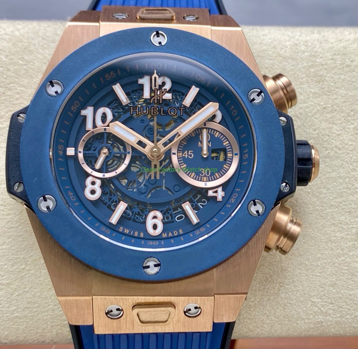 HB Factory Hublot Big Bang Unico 421.OL.5180.RX 45mm Rose Gold Rubber Strap Skeletonized Blue Dial 1 HB Factory Hublot Big Bang Unico 421.OL .5180.RX 45mm Rose Gold Rubber Strap Skeletonized Blue Dial 7 Clean Factory Watch