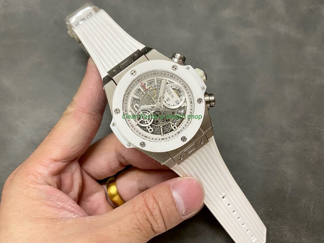 HB Factory Hublot Big Bang Unico 45mm White White Rubber Strap Ceramic Bezel White Skeletonized Dial (2) HB Factory Hublot Big Bang Unico 45mm White White Rubber Strap Ceramic Bezel White Skeletonized Dial (2)