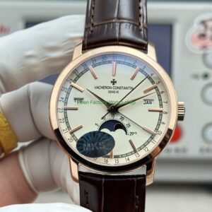 MKS Factory Vacheron Constantin Traditionnelle Complete Calendar 4010T/000R-B344 41mm Rose Gold Brown Leather Strap Silver Dial